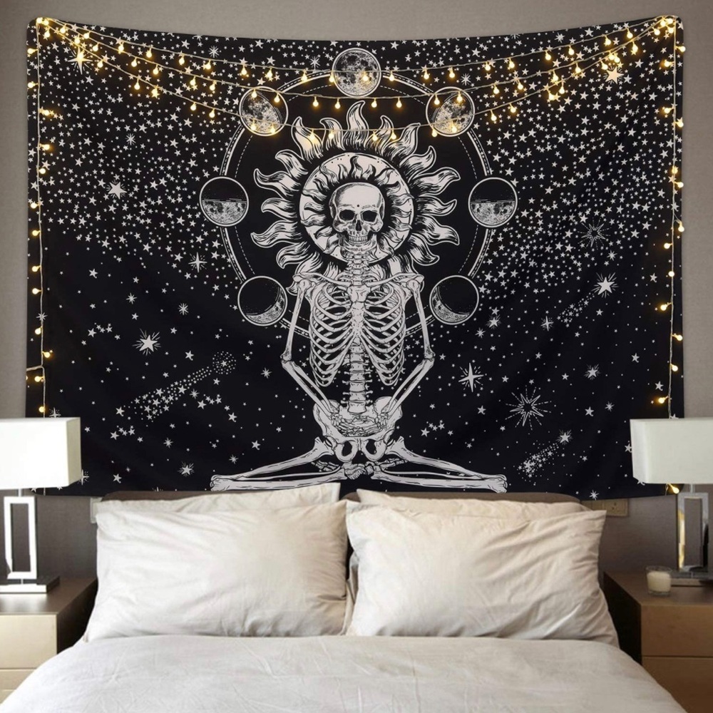 (3/$20) Black and White Meditation Skeleton Tapestry